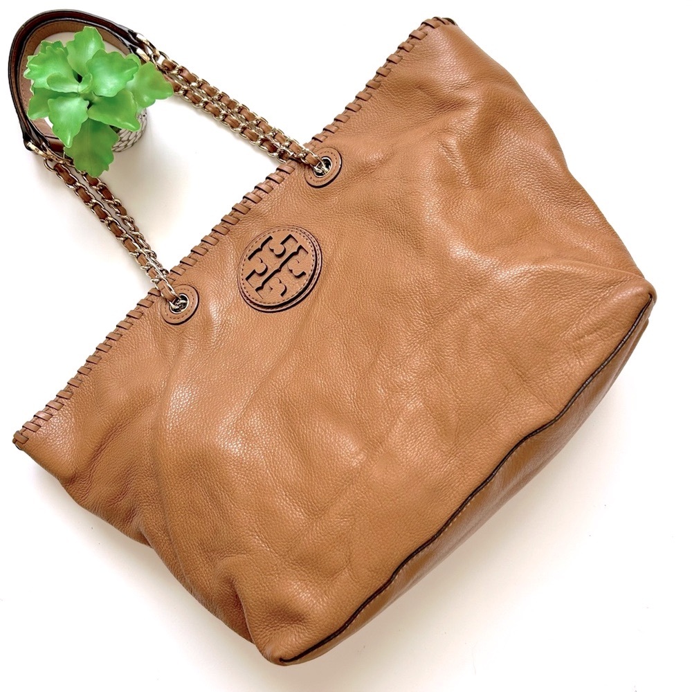 Tory Burch Marion East West Tote Cognac Tan Brown Pebbled Leather